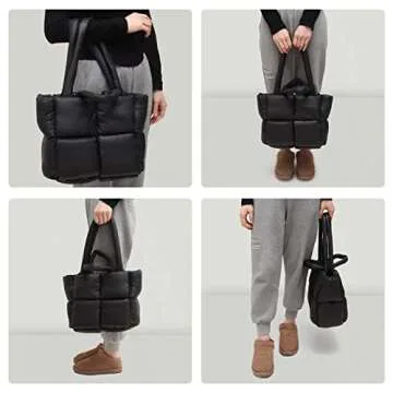 Ovida Women Large Puffer Tote Bag Quilted Top-Handle Christmas Shoulder Bag Soft Down Cotton Padded Tote Handbag with Zippers (A01-Black)