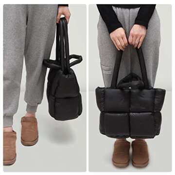 Ovida Women Large Puffer Tote Bag Quilted Top-Handle Christmas Shoulder Bag Soft Down Cotton Padded Tote Handbag with Zippers (A01-Black)