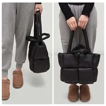 Ovida Women Large Puffer Tote Bag Quilted Top-Handle Christmas Shoulder Bag Soft Down Cotton Padded Tote Handbag with Zippers (A01-Black)