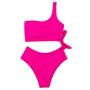MOOSLOVER Women One Shoulder High Waisted Bikini Tie High Cut Two Piece Swimsuits(S,Rose Red)