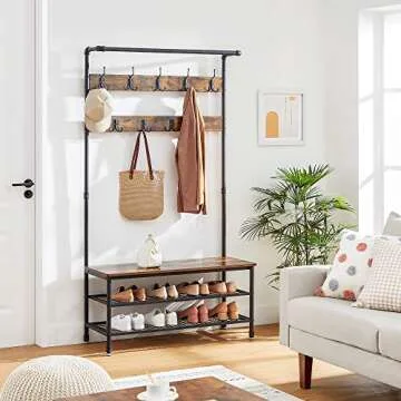 VASAGLE DAINTREE 3-in-1 Entryway Coat Rack and Storage Bench, Pipe Style Hall Tree with 9 Hooks, Multifunctional, Sturdy Steel Frame, Large Size, Industrial, Rustic Brown and Black UHSR47BX