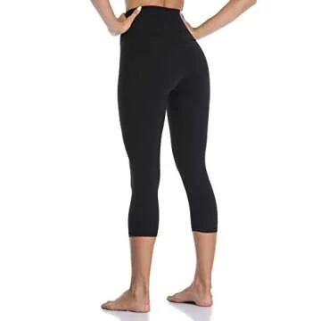YUNOGA Women's Buttery Soft 21" Inseam Yoga Pants, High Waisted Tummy Control Workout Running Capri Leggings (M, Black)