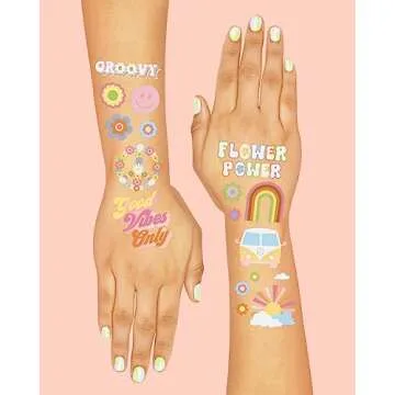Groovy 70s Temporary Tattoos - 48 Glitter Styles