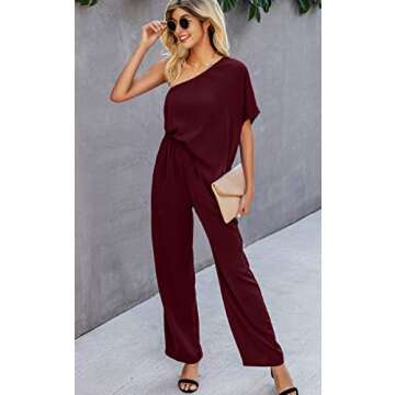 Theenkoln Women's Casual Loose Jumpsuit Off Shoulder Wide Leg Pants Romper with Pockets Wine Red Small