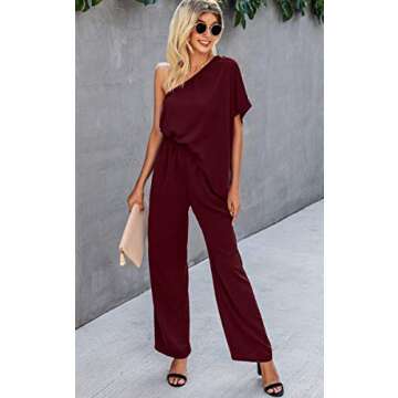 Theenkoln Women's Casual Loose Jumpsuit Off Shoulder Wide Leg Pants Romper with Pockets Wine Red Small
