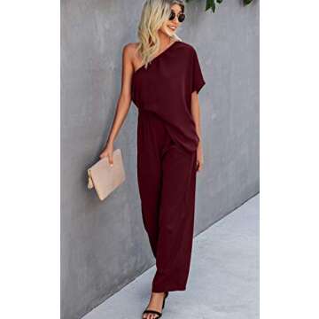 Theenkoln Women's Casual Loose Jumpsuit Off Shoulder Wide Leg Pants Romper with Pockets Wine Red Small