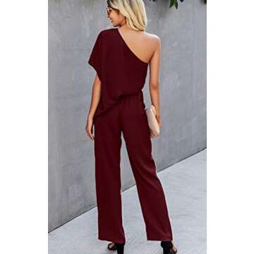 Theenkoln Women's Casual Loose Jumpsuit Off Shoulder Wide Leg Pants Romper with Pockets Wine Red Small