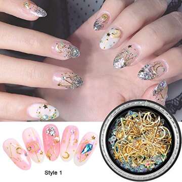 Nail Art Studs Gems 3D Nail Art Rhinestones Gold Decals 6 Boxes Mixed Patterns of Stars Moons Triang...
