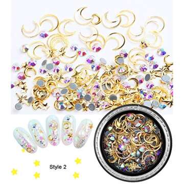 Nail Art Studs Gems 3D Nail Art Rhinestones Gold Decals 6 Boxes Mixed Patterns of Stars Moons Triangle Rivets Diamonds for Women Manicure Wraps Fingernail Tips Decorations Accessories & Supplies