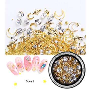 Nail Art Studs Gems 3D Nail Art Rhinestones Gold Decals 6 Boxes Mixed Patterns of Stars Moons Triangle Rivets Diamonds for Women Manicure Wraps Fingernail Tips Decorations Accessories & Supplies