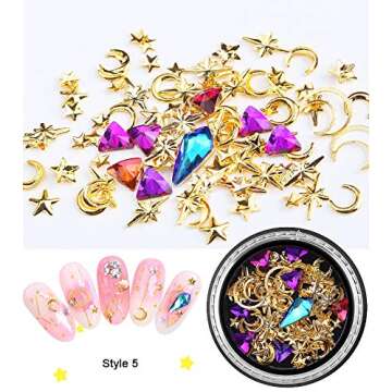Nail Art Studs Gems 3D Nail Art Rhinestones Gold Decals 6 Boxes Mixed Patterns of Stars Moons Triangle Rivets Diamonds for Women Manicure Wraps Fingernail Tips Decorations Accessories & Supplies