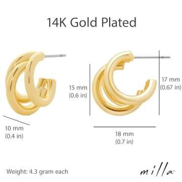 MILLA Chunky Gold Earrings for Women, Triple Split Thick Gold Hoops and Silver Hoop Earrings, Hypoallergenic (14K Gold Plated)