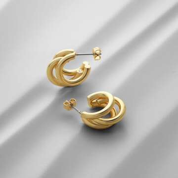 MILLA Chunky Gold Earrings for Women, Triple Split Thick Gold Hoops and Silver Hoop Earrings, Hypoallergenic (14K Gold Plated)