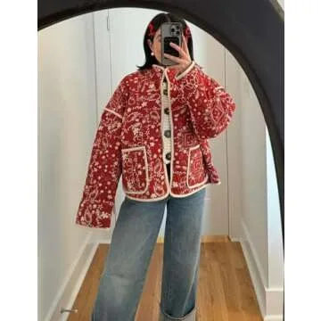 Wyeysyt Women's Cropped Puffer Jacket Lightweight Floral Print Long Sleeve Padded Quilted Puffy Cardigan Coat(RedFloral-S)