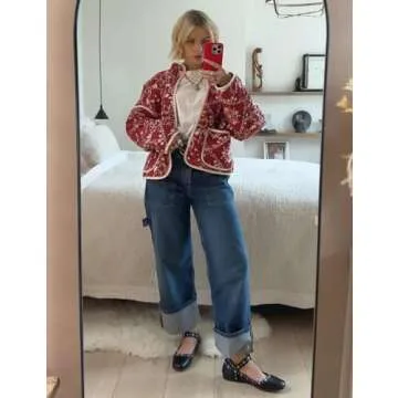 Wyeysyt Women's Cropped Puffer Jacket Lightweight Floral Print Long Sleeve Padded Quilted Puffy Cardigan Coat(RedFloral-S)