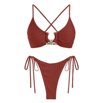ZAFUL Women's Ribbed Metal Ring Bikini Set - Sexy High Cut Swimwear