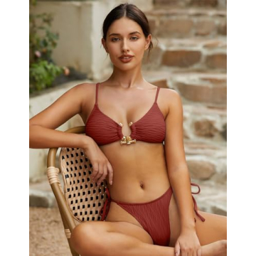 ZAFUL Women's Ribbed Metal Ring Bikini Set - Sexy Swimwear