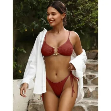 ZAFUL Women's Ribbed Metal Ring Bikini Set - Sexy Swimwear