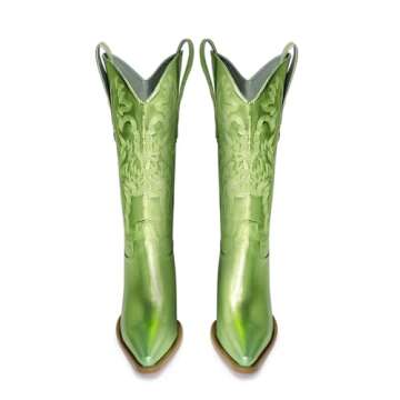 Ouepiano Green Cowboy Boots for Women - Wide Calf Cowgirl Boots Mid-Calf Western Boots with Classic ...