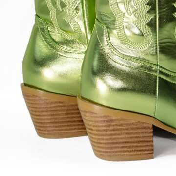 Ouepiano Green Cowboy Boots for Women - Wide Calf Cowgirl Boots Mid-Calf Western Boots with Classic Embroidered, Pointed Toe Slip On Chunky Heel for Country Concerts and Parties