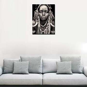 Tucocoo Black and White Artwork for Walls African Fashion Women Pictures Indigenous Civilization Art Paintings 1 Piece Canvas Modern Artwork Framed Ready to Hang(12''x16'')