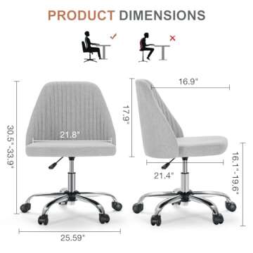 DUMOS Office Desk Chair, Modern Cute Rolling Vanity Swivel Task Chairs with Wheels, Comfortable Back Seat Armless for Home, Bedrooms, Office, Study, Student, Adults, Make-up, Dressing Room, Cloud