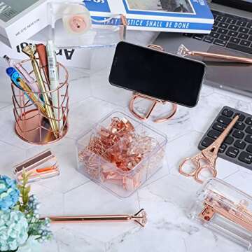 Office Supplies for Women Desk Accessories Kit, Stapler and Tape Dispenser Set,Pen Holder,Staples,Phone Holder,Diamond Pen,Ruler, Scissors,Binder Clips Desk Organizers Office Decor (Rose Gold)