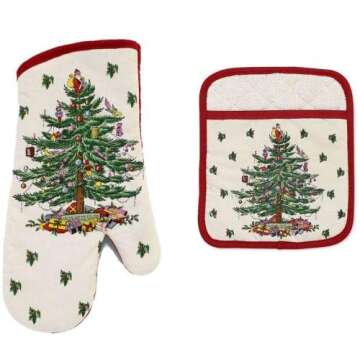 Spode Christmas Tree Oven Mitt and Pot Holder Set