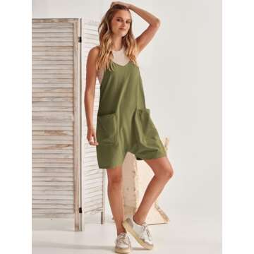 Caracilia Women's Summer Casual Rompers Sleeveless Loose Spaghetti Strap Short Jumpsuits Overalls Trendy Outfits with Pockets