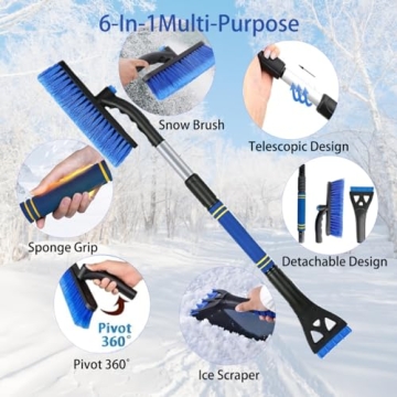 Extendable Snow Brush and Ice Scraper for Car Windshield – 31.5" - 25" Ice Scraper with Long Telescoping Handle Scratch-Free Bristles Ergonomic Foam Grip Snow Scraper for Car Trucks SUVs - Blue