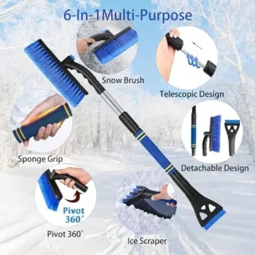 Extendable Snow Brush and Ice Scraper for Car Windshield – 31.5" - 25" Ice Scraper with Long Telescoping Handle Scratch-Free Bristles Ergonomic Foam Grip Snow Scraper for Car Trucks SUVs - Blue