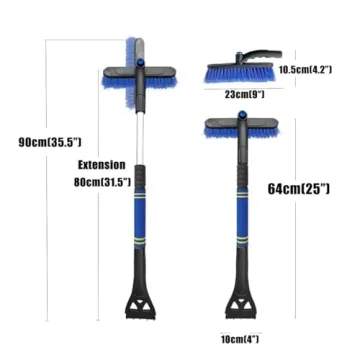 Extendable Snow Brush and Ice Scraper for Car Windshield – 31.5" - 25" Ice Scraper with Long Telescoping Handle Scratch-Free Bristles Ergonomic Foam Grip Snow Scraper for Car Trucks SUVs - Blue