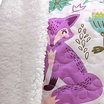 Lush Decor Pixie Fox Reversible Sherpa Throw Blanket, 50” W x 60"L, Purple & Pink - Quilted Toddler Blankets For Girls - Colorful Floral Print- Soft & Fluffy Kids Blanket For Bed, Couch Or Chair