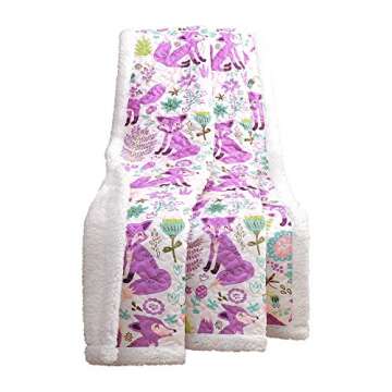 Lush Decor Pixie Fox Reversible Sherpa Throw Blanket, 50” W x 60"L, Purple & Pink - Quilted Toddler Blankets For Girls - Colorful Floral Print- Soft & Fluffy Kids Blanket For Bed, Couch Or Chair