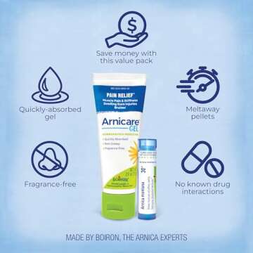 Boiron Arnicare Gel and Arnica 30c Value Pack for Pain Relief, Muscle Soreness, and Swelling from Bruising or Injury - 2.6 oz + 80 Pellet Tube