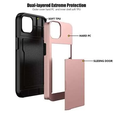 Nvollnoe for iPhone 13 Case with Card Holder Heavy Duty Protective Dual Layer Shockproof Hidden Card Slot Slim Wallet Case for iPhone 13 for Women&Men(Rose Gold)
