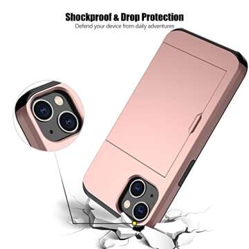 Nvollnoe for iPhone 13 Case with Card Holder Heavy Duty Protective Dual Layer Shockproof Hidden Card Slot Slim Wallet Case for iPhone 13 for Women&Men(Rose Gold)