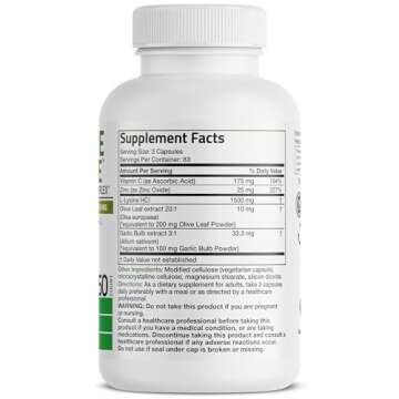 Bronson L-Lysine Defense Immune Support Complex 1500 MG L-Lysine Plus Olive Leaf, Garlic, Vitamin C ...