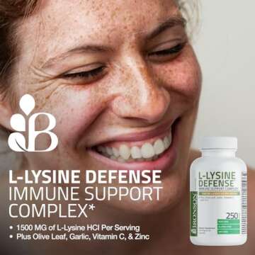 Bronson L-Lysine Defense Immune Support Complex 1500 MG L-Lysine Plus Olive Leaf, Garlic, Vitamin C and Zinc - Non-GMO, 250 Vegetarian Capsules