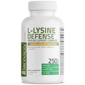 Bronson L-Lysine Defense Immune Support Complex 1500 MG L-Lysine Plus Olive Leaf, Garlic, Vitamin C and Zinc - Non-GMO, 250 Vegetarian Capsules