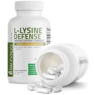 Bronson L-Lysine Defense Immune Support Complex 1500 MG L-Lysine Plus Olive Leaf, Garlic, Vitamin C and Zinc - Non-GMO, 250 Vegetarian Capsules