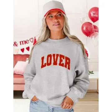 MAPICK Lover Crewneck Sweatshirt Women Valentine's Day Lover Chenille Patch Sweaters Oversized Long Sleeve Clothes(Light Grey,Large)