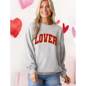 MAPICK Lover Crewneck Sweatshirt Women Valentine's Day Lover Chenille Patch Sweaters Oversized Long Sleeve Clothes(Light Grey,Large)