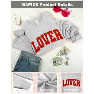 MAPICK Lover Crewneck Sweatshirt Women Valentine's Day Lover Chenille Patch Sweaters Oversized Long Sleeve Clothes(Light Grey,Large)