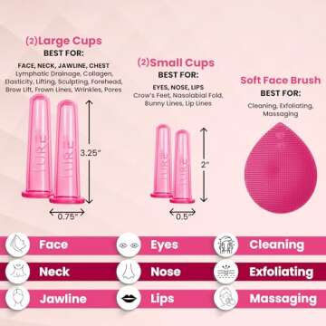 Glam Facial Face Cupping Set - Cupping Therapy Sets Massage Kit with Silicone Cleansing Brush for Instantly Ageless Skin, Works for Fine Lines & Wrinkles, Improves Collagen (Glam - Pink)