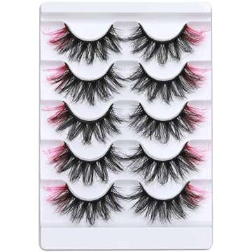 Pink Colored Lashes, ALPHONSE 5D Colorful False Lashes with Color, Fluffy Dramatic Faux Mink Eye Lashes Set for Cosplay Costumes 5 Pairs Pack
