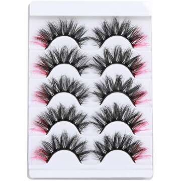 Pink Colored Lashes, ALPHONSE 5D Colorful False Lashes with Color, Fluffy Dramatic Faux Mink Eye Lashes Set for Cosplay Costumes 5 Pairs Pack