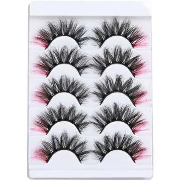Pink Colored Lashes, ALPHONSE 5D Colorful False Lashes with Color, Fluffy Dramatic Faux Mink Eye Lashes Set for Cosplay Costumes 5 Pairs Pack