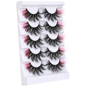 Pink Colored Lashes, ALPHONSE 5D Colorful False Lashes with Color, Fluffy Dramatic Faux Mink Eye Lashes Set for Cosplay Costumes 5 Pairs Pack