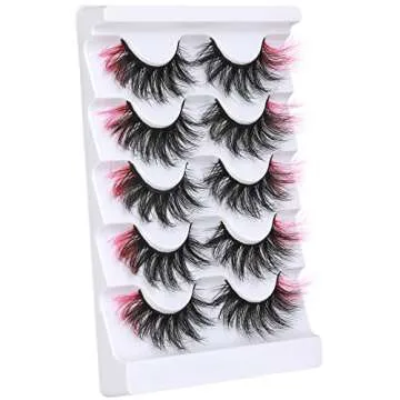 Pink Colored Lashes, ALPHONSE 5D Colorful False Lashes with Color, Fluffy Dramatic Faux Mink Eye Lashes Set for Cosplay Costumes 5 Pairs Pack